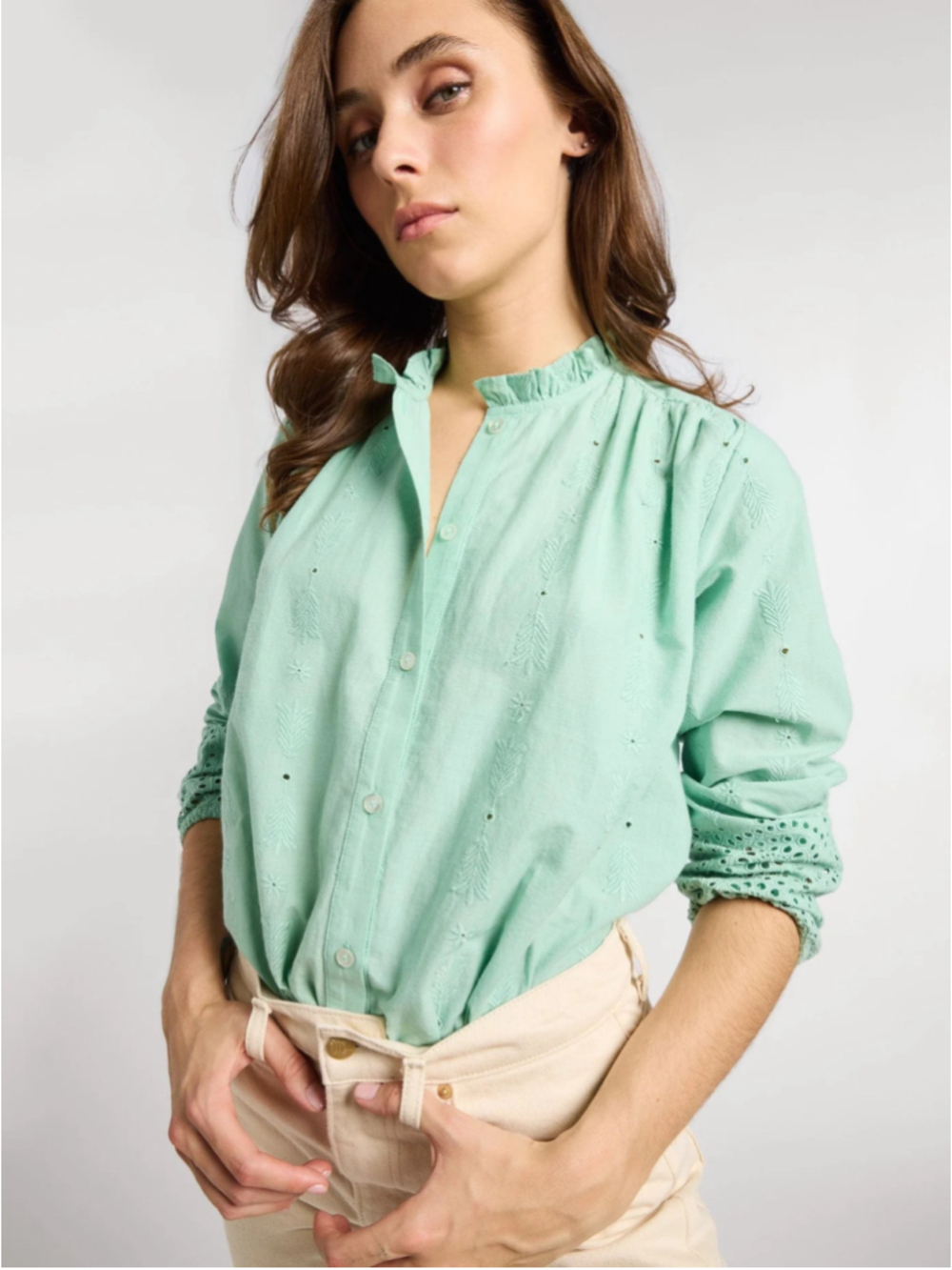 MILLE Francesca Pistachio Eyelet Cotton Blouse Top S